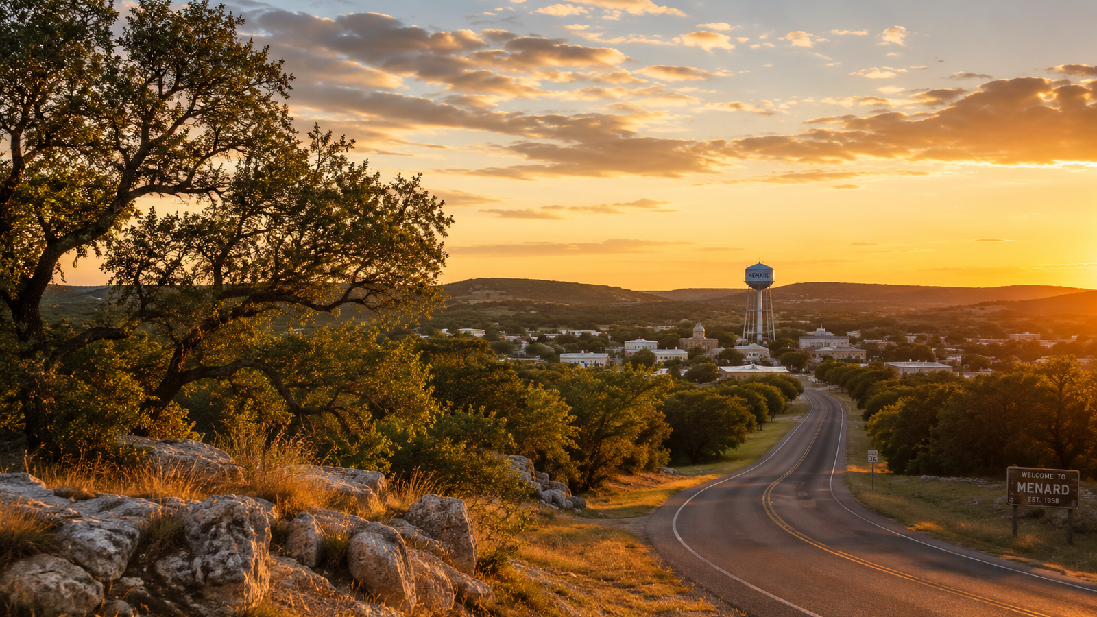 Texas Hill Country landscape with a small town in the distance