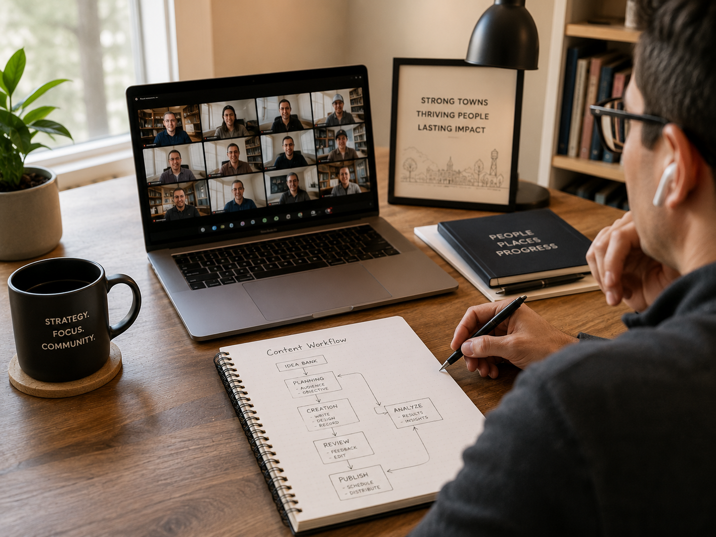 Professional joining a live video training session at a home office desk