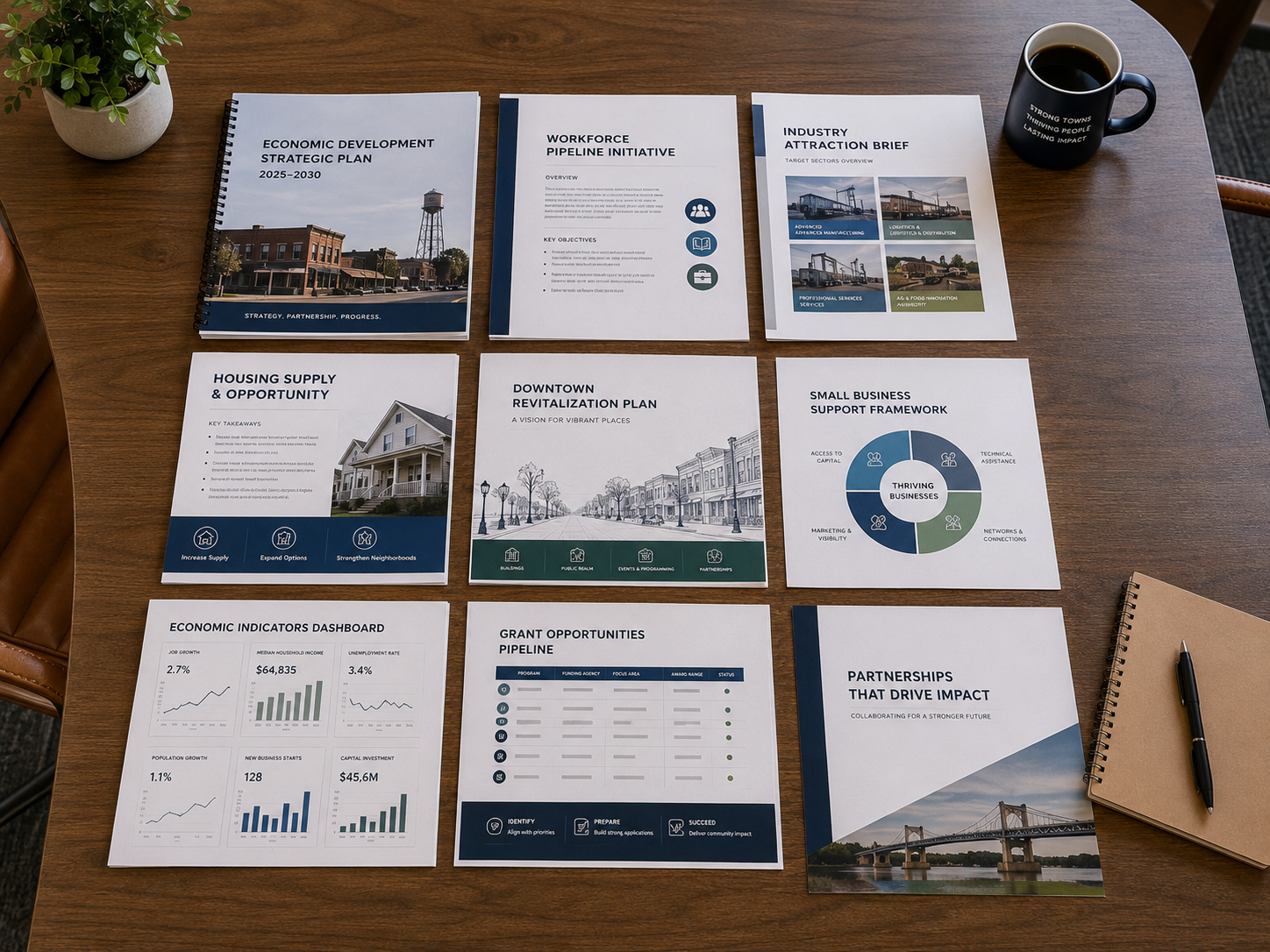 Nine professional deliverables fanned across a table