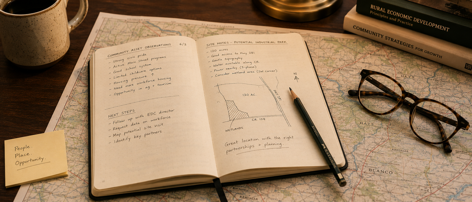 Open field notebook with observations resting on a regional map