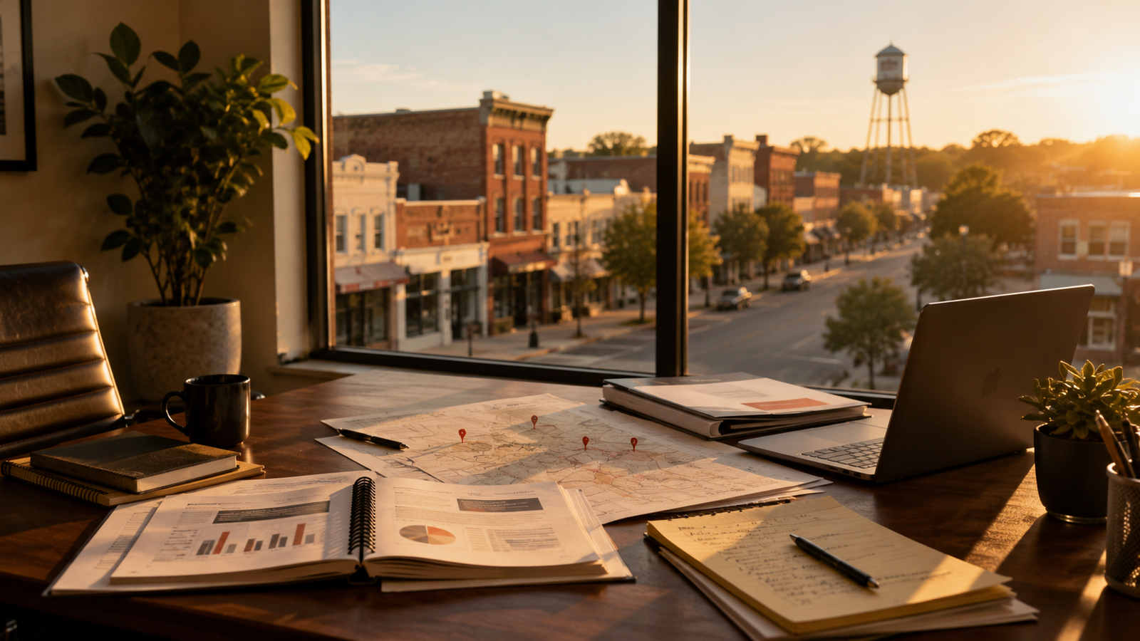 Economic development executive's organized desk overlooking a small-city main street