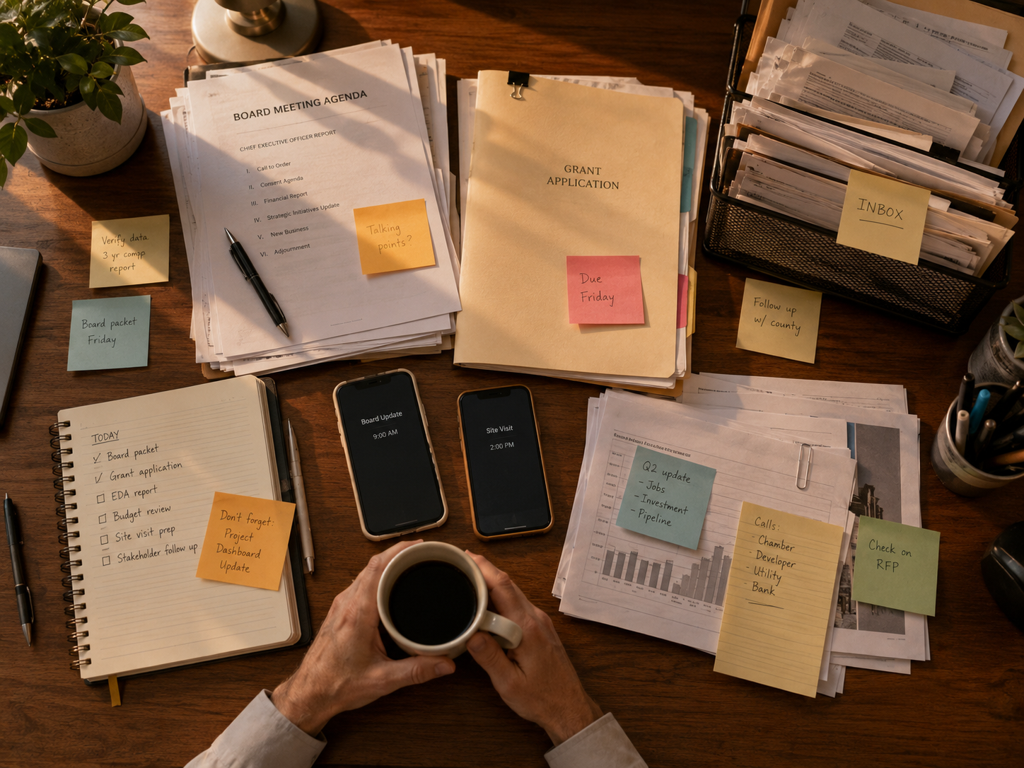 A desk stacked with invoices, folders, and financial paperwork — the manual bookkeeping workload AI workflows can replace